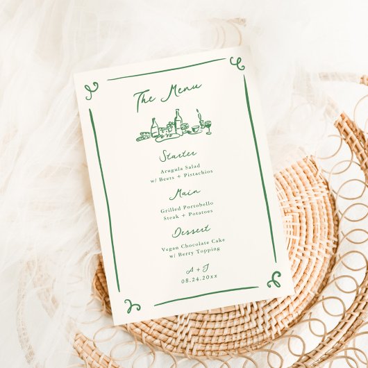 Whimsical Hand Drawn Green Wedding Menu Menükarte