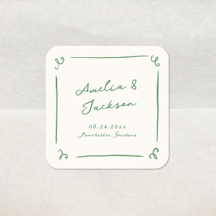 Whimsical Hand Drawn Green Wedding Quadratischer Aufkleber