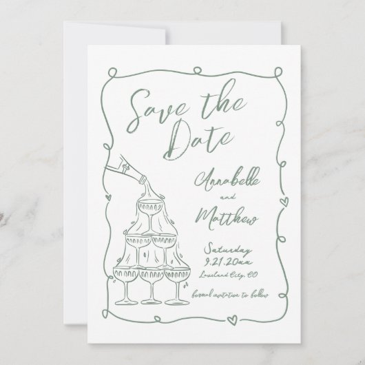 Whimsical Hand Drawn Green Wedding Save The Date (Vorderseite)