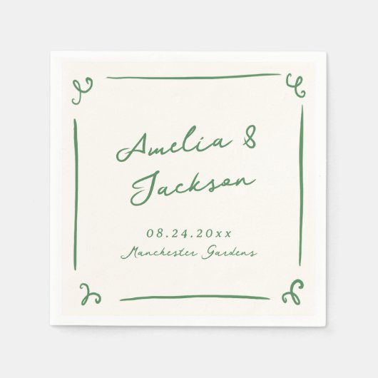 Whimsical Hand Drawn Green Wedding Serviette (Vorderseite)