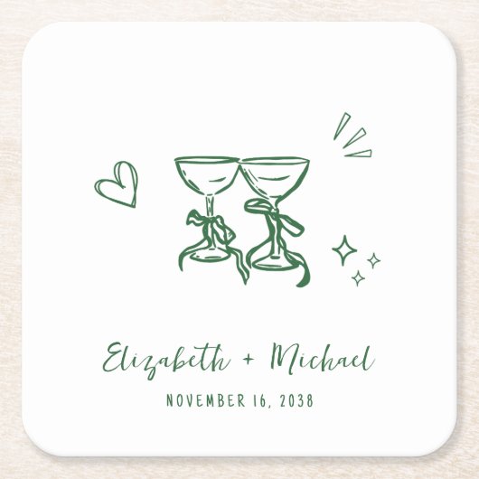Whimsical Hand Drawn Green Wine Glasses Wedding Rechteckiger Pappuntersetzer (Vorderseite)