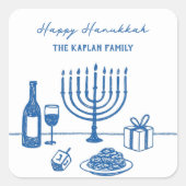 Whimsical Hand Drawn Hanukkah Party Trendy Custom Quadratischer Aufkleber (Vorderseite)