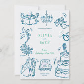 Whimsical Hand Drawn Hochzeit Einladung Blau (Vorderseite)