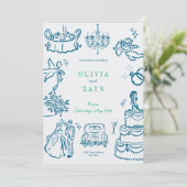 Whimsical Hand Drawn Hochzeit Einladung Blau (Stehend Vorderseite)