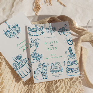 Whimsical Hand Drawn Hochzeit Einladung Blau
