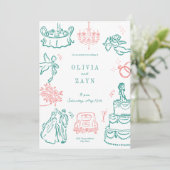 Whimsical Hand Drawn Hochzeit Einladung Türkis (Stehend Vorderseite)