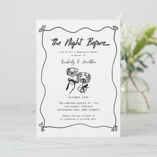 Whimsical Hand Drawn Hochzeit Probe Dinner Einladung (Stehend Vorderseite)