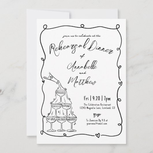 Whimsical Hand Drawn Hochzeit Probe Dinner Einladung (Vorderseite)