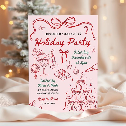 Whimsical Hand Drawn Holly Jolly Holiday Party Einladung