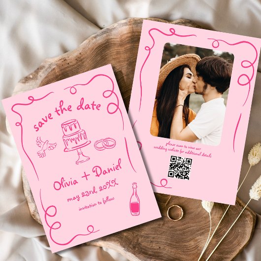 Whimsical Hand Drawn Hot Pink Wedding Foto Save The Date