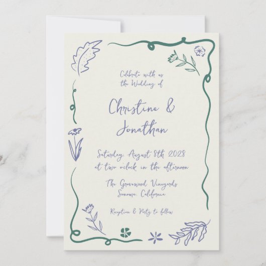 Whimsical Hand Drawn Illustriert Floral Wedding Einladung (Vorderseite)