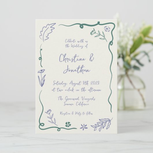 Whimsical Hand Drawn Illustriert Floral Wedding Einladung (Stehend Vorderseite)