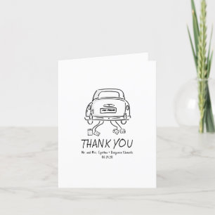 Whimsical Hand Drawn Just Married Car Hochzeit Dankeskarte