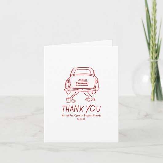 Whimsical Hand Drawn Just Married Car Wedding Dankeskarte (Vorderseite)