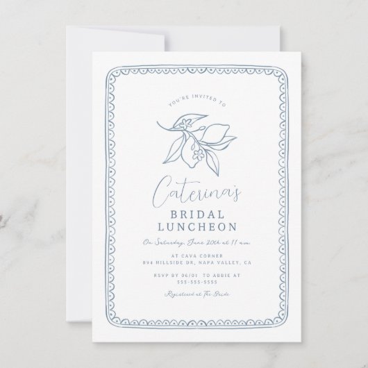 Whimsical Hand Drawn Lemon | Blaues Brautparty Einladung (Vorderseite)