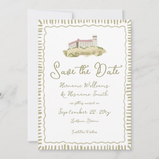 Whimsical Hand Drawn Ljubljana Burg Europa Save The Date (Vorderseite)