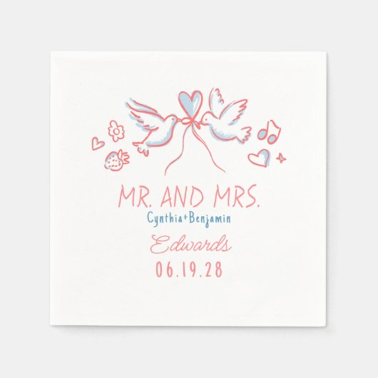 Whimsical Hand Drawn Love Birds Wedding Napkins Serviette (Vorderseite)