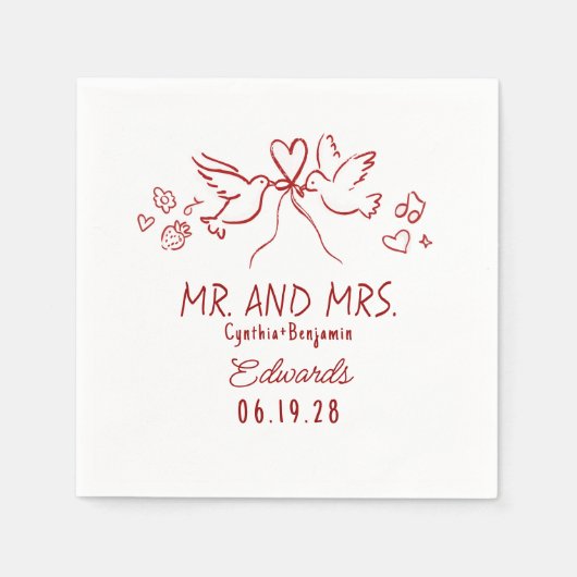 Whimsical Hand Drawn Love Birds Wedding Napkins Serviette (Vorderseite)