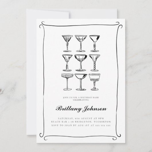 Whimsical Hand Drawn Martini Geburtstag Einladung (Vorderseite)