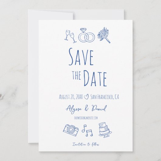 Whimsical Hand Drawn Minimal Blaues weißes Foto (Vorderseite)