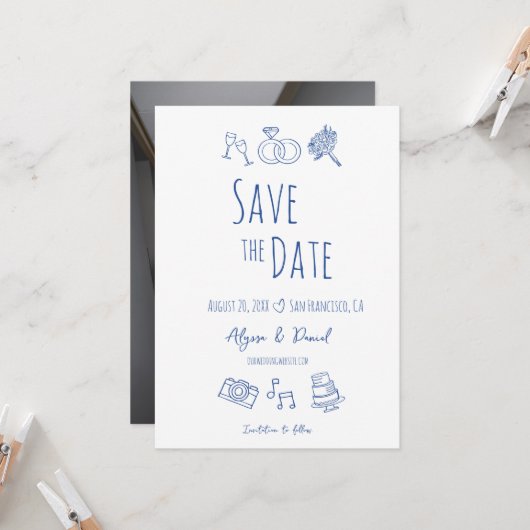 Whimsical Hand Drawn Minimal Blaues weißes Foto (Vorderseite/Rückseite Beispiel)