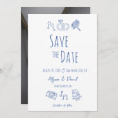 Whimsical Hand Drawn Minimal Blaues weißes Foto (Vorne/Hinten)