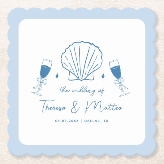Whimsical Hand Drawn Nautical Coastal Hochzeit Untersetzer (Vorderseite)