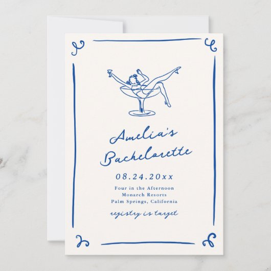 Whimsical Hand Drawn Navy Blue Bachelorette Einladung (Vorderseite)