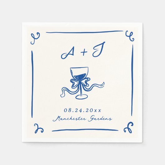 Whimsical Hand Drawn Navy Blue Bow Hochzeit Serviette (Vorderseite)