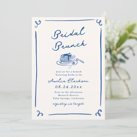 Whimsical Hand Drawn Navy Blue Bridal Brunch Einladung (Stehend Vorderseite)