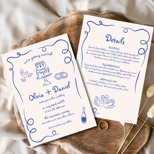 Whimsical Hand Drawn Navy Blue Details Hochzeit Einladung