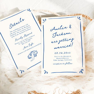 Whimsical Hand Drawn Navy Blue + Details Hochzeit Einladung