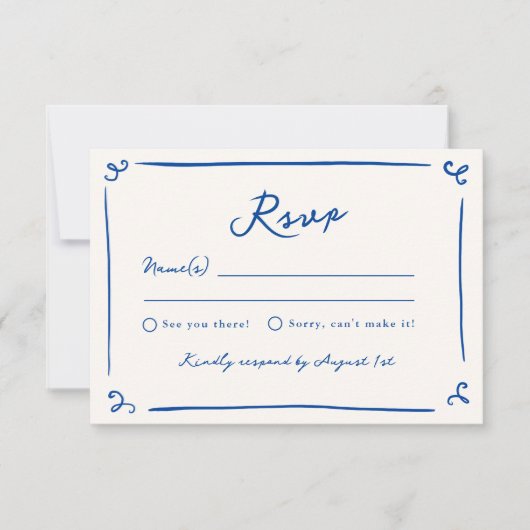Whimsical Hand Drawn Navy Blue Wedding RSVP Einladung (Vorderseite)