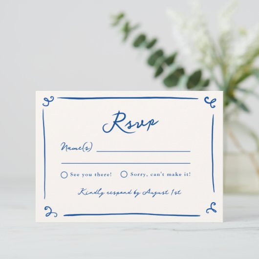 Whimsical Hand Drawn Navy Blue Wedding RSVP Einladung (Stehend Vorderseite)