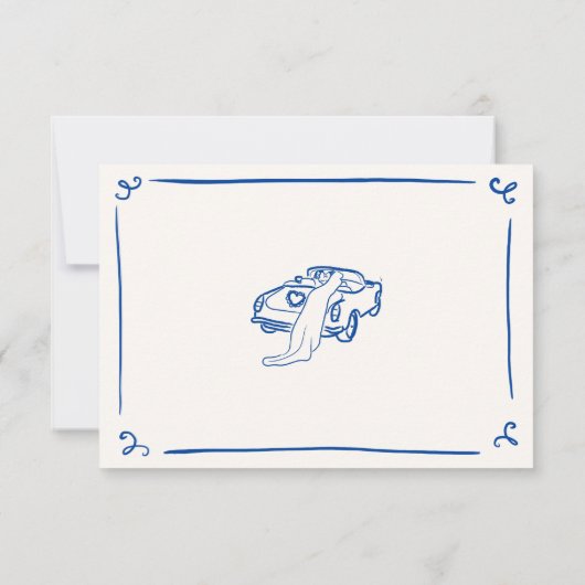 Whimsical Hand Drawn Navy Blue Wedding RSVP Einladung (Rückseite)