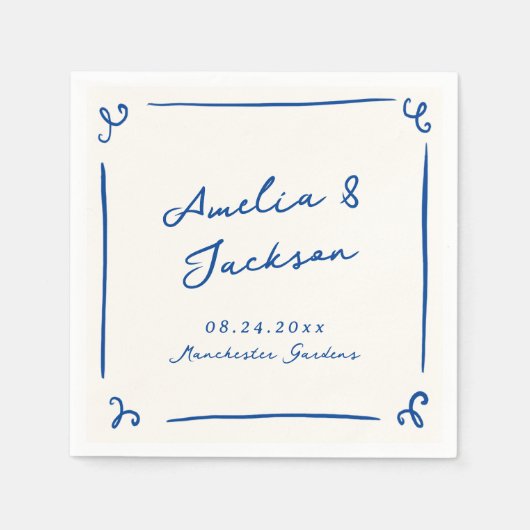 Whimsical Hand Drawn Navy Blue Wedding Serviette (Vorderseite)