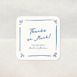 Whimsical Hand Drawn Navy Blue Wedding Vielen Dank Quadratischer Aufkleber<br><div class="desc">Dieses bezaubernde Design zeichnet sich durch handgezeichnete Elemente und einen skurrilen,  fetten Text aus.</div>