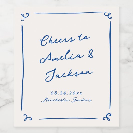 Whimsical Hand Drawn Navy Blue Wedding Weinetikett (Einzelnes Label)