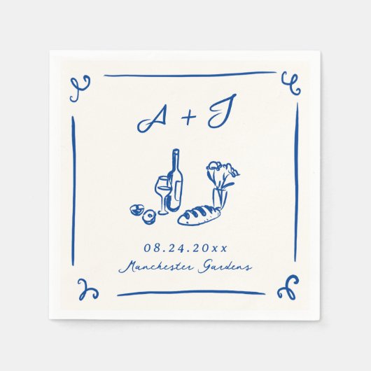 Whimsical Hand Drawn Navy Food & Wine Wedding Serviette (Vorderseite)