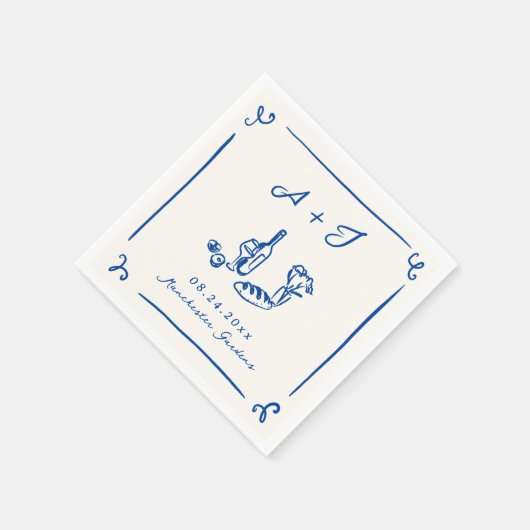 Whimsical Hand Drawn Navy Food & Wine Wedding Serviette (Ecke)