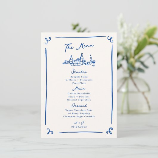 Whimsical Hand Drawn Navy Hochzeitsmenü Menükarte (Stehend Vorderseite)