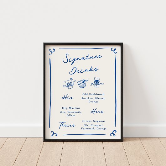 Whimsical Hand Drawn Navy Signature Drinks Poster