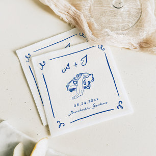 Whimsical Hand Drawn Navy Vintage Car Hochzeit Serviette