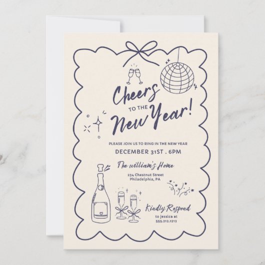 Whimsical Hand Drawn New Year Party Invitation Einladung (Vorderseite)