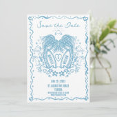 Whimsical Hand Drawn Palm Beach Doodle Hochzeit Save The Date (Stehend Vorderseite)