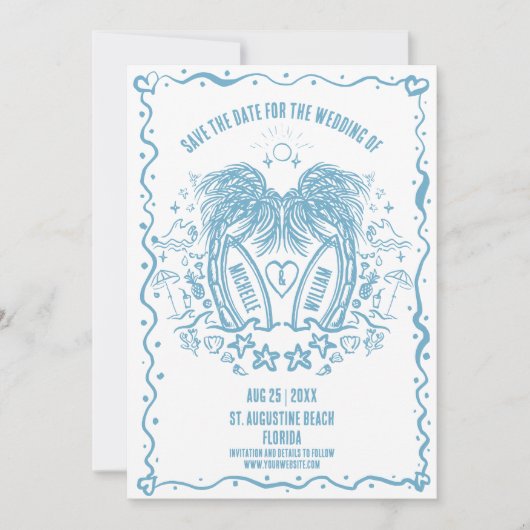 Whimsical Hand Drawn Palm Beach Doodle Hochzeit Save The Date (Vorderseite)