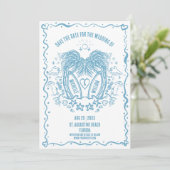 Whimsical Hand Drawn Palm Beach Doodle Hochzeit Save The Date (Stehend Vorderseite)