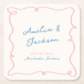 Whimsical Hand Drawn Pink & Blue Hochzeit Rechteckiger Pappuntersetzer (Vorderseite)