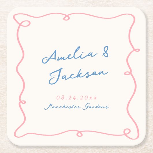Whimsical Hand Drawn Pink & Blue Hochzeit Rechteckiger Pappuntersetzer (Vorderseite)