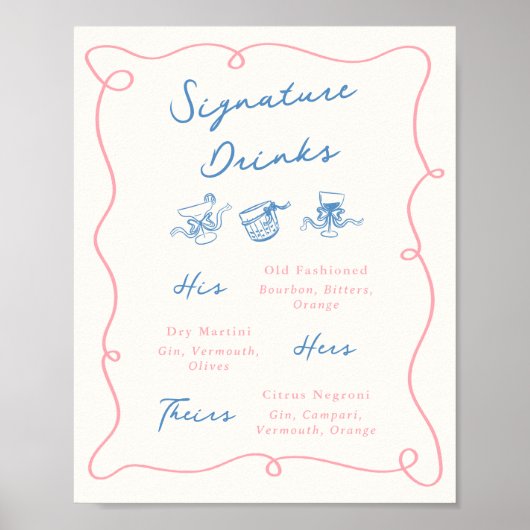 Whimsical Hand Drawn Pink & Blue Signature Drinks Poster (Vorne)